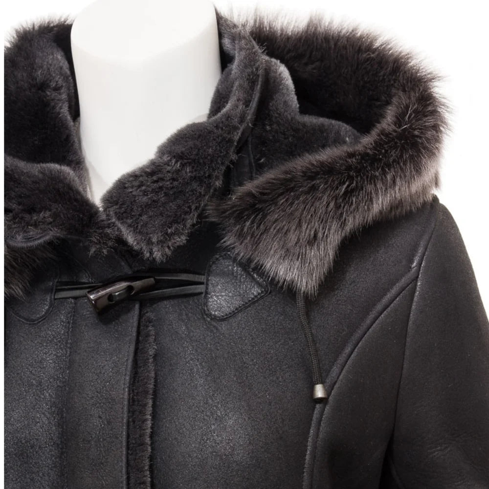 Women's Black Sheepskin Duffle Coat With Detachable Hood