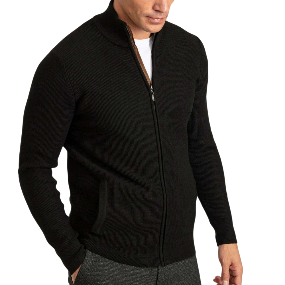 Men's Black Full Zip Through Cardigan Knit Jacket