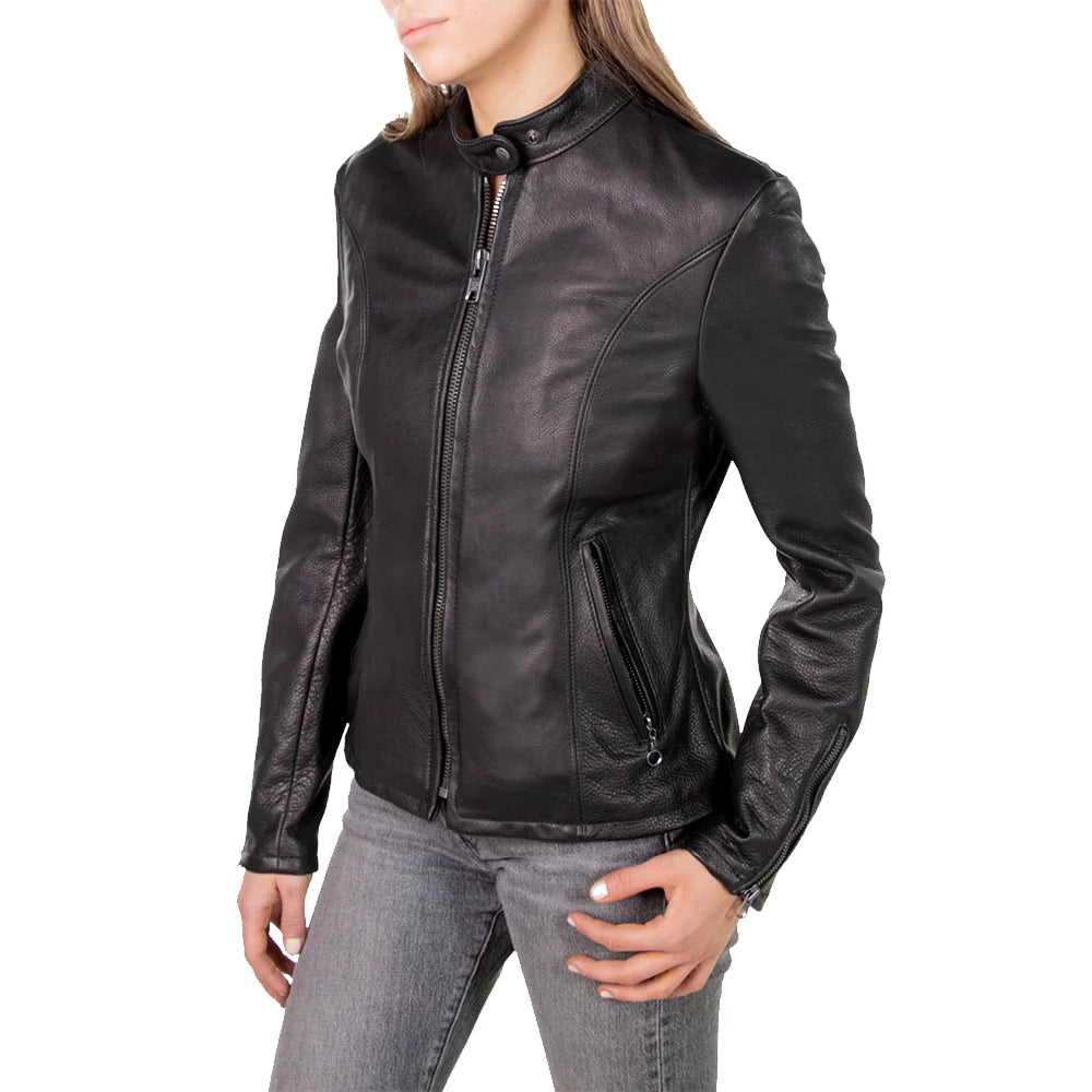 Women's Black Leather Cafe Racer Jacket