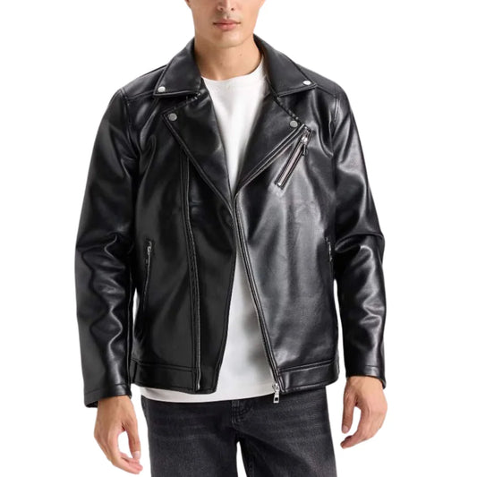 American Polo Collar Black Men Biker Leather Jacket