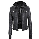 Black Leather Bomber Jacket Women with Removable Hood