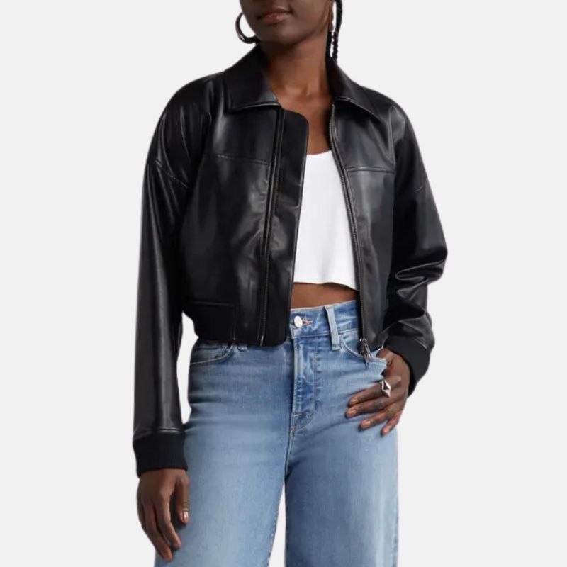 Black Leather Cropped Bomber Jacket Womens