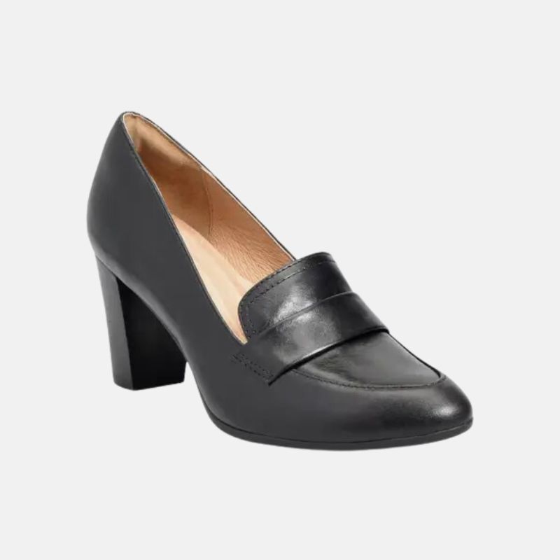 Black Leather Chunky Heel Loafers Womens