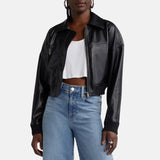 Black Leather Cropped Bomber Jacket