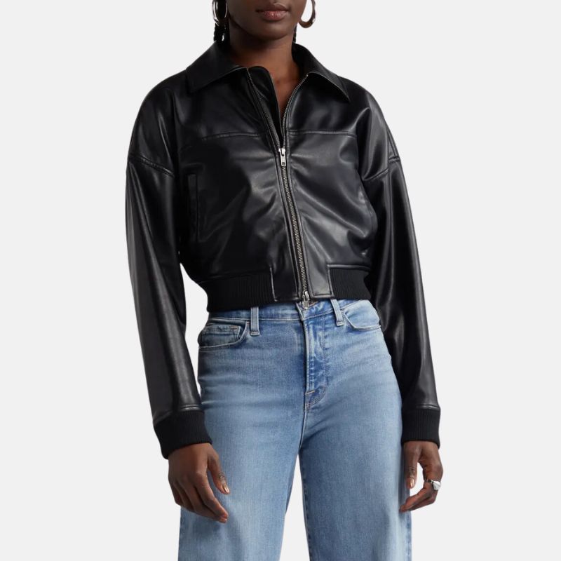 Cropped Black Leather Bomber Jacket For Womens