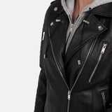 Black Quilted Moto Leather Jacket With Removable Hood