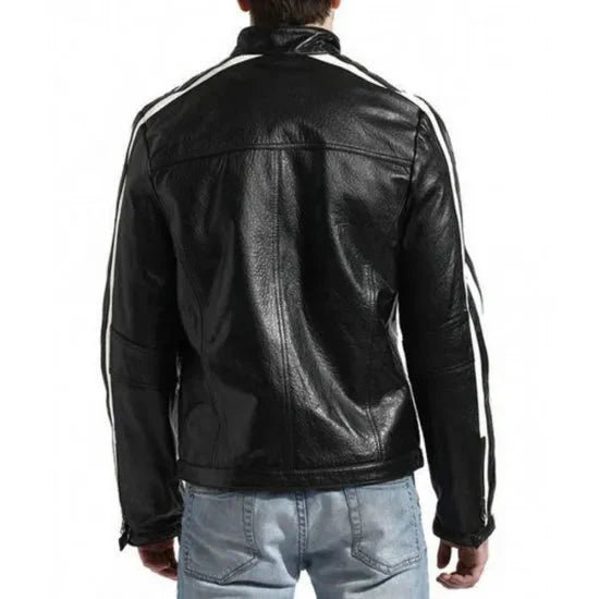 Men's Black Cafe Racer Leather Jacket Featuring White Stripes