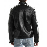 Men's Black Cafe Racer Leather Jacket Featuring White Stripes