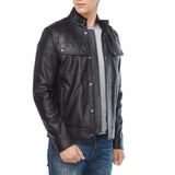 Men’s Double Pockets Black Leather Biker Jacket