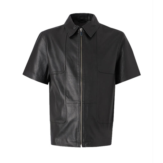 Lightweight Half Sleeves Black Leather Mens Shirt