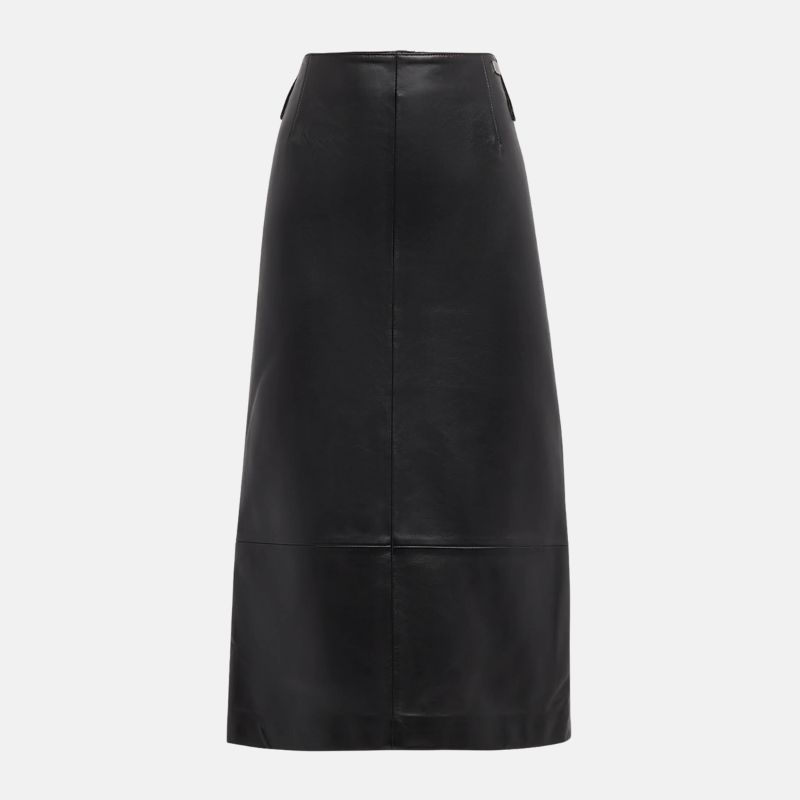 Women's Black Leather Pencil Midi Skirt