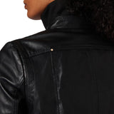 Women's Black Leather Bomber High Neck Jacket