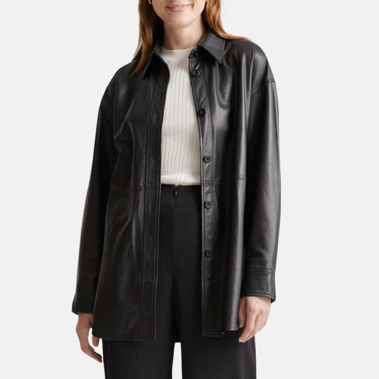 Black Leather Womens Shirt Jacket