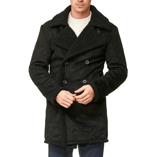 Double Breasted Sherpa Winter Coat Men Black