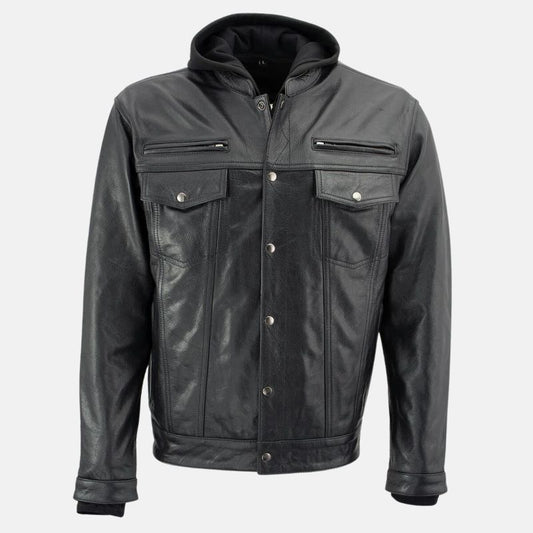 Black Mens Hooded Leather Jacket