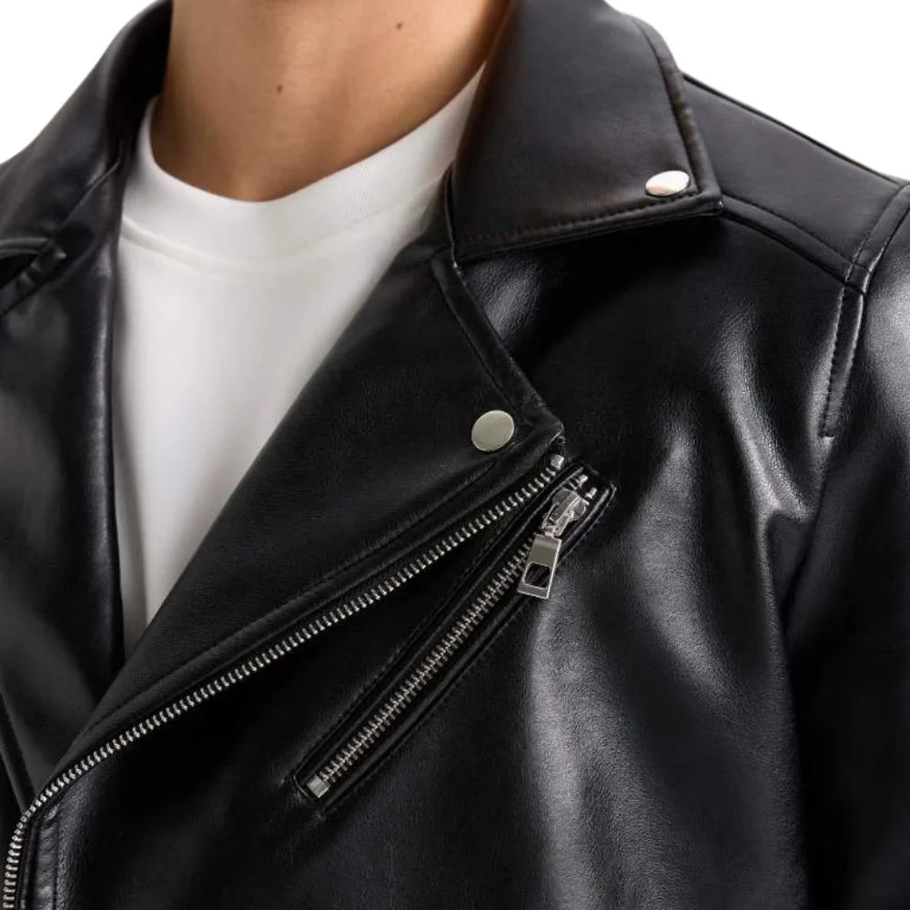 American Polo Collar Black Men Biker Leather Jacket