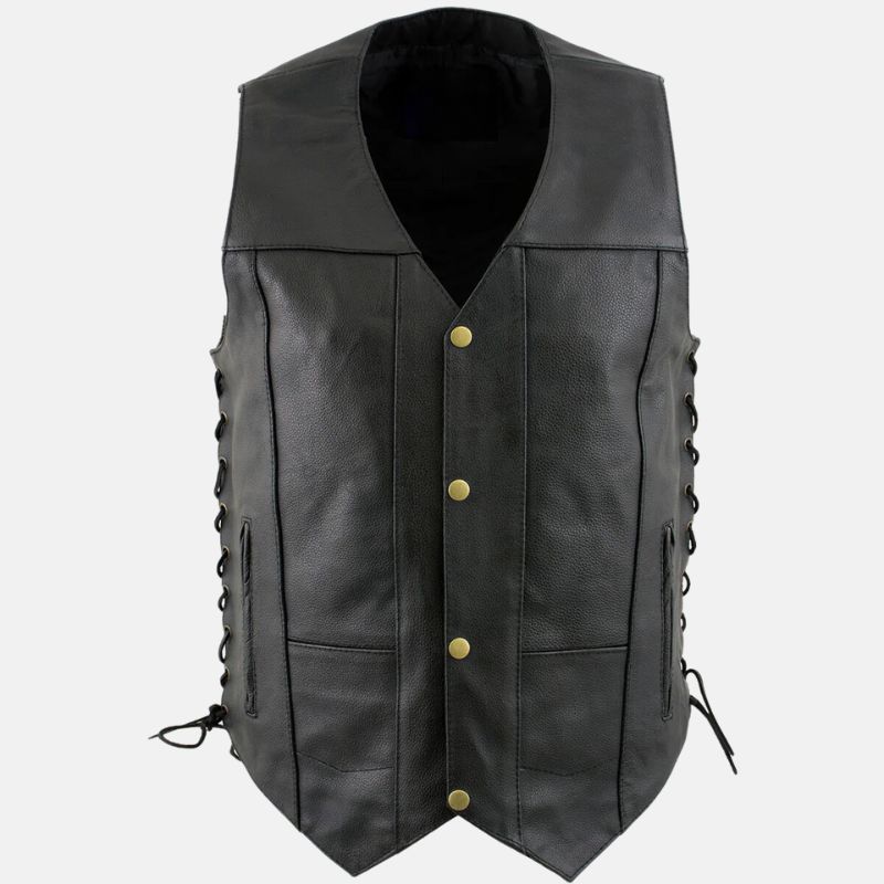 Black Mens Leather Motorcycle Vest With Side Laces