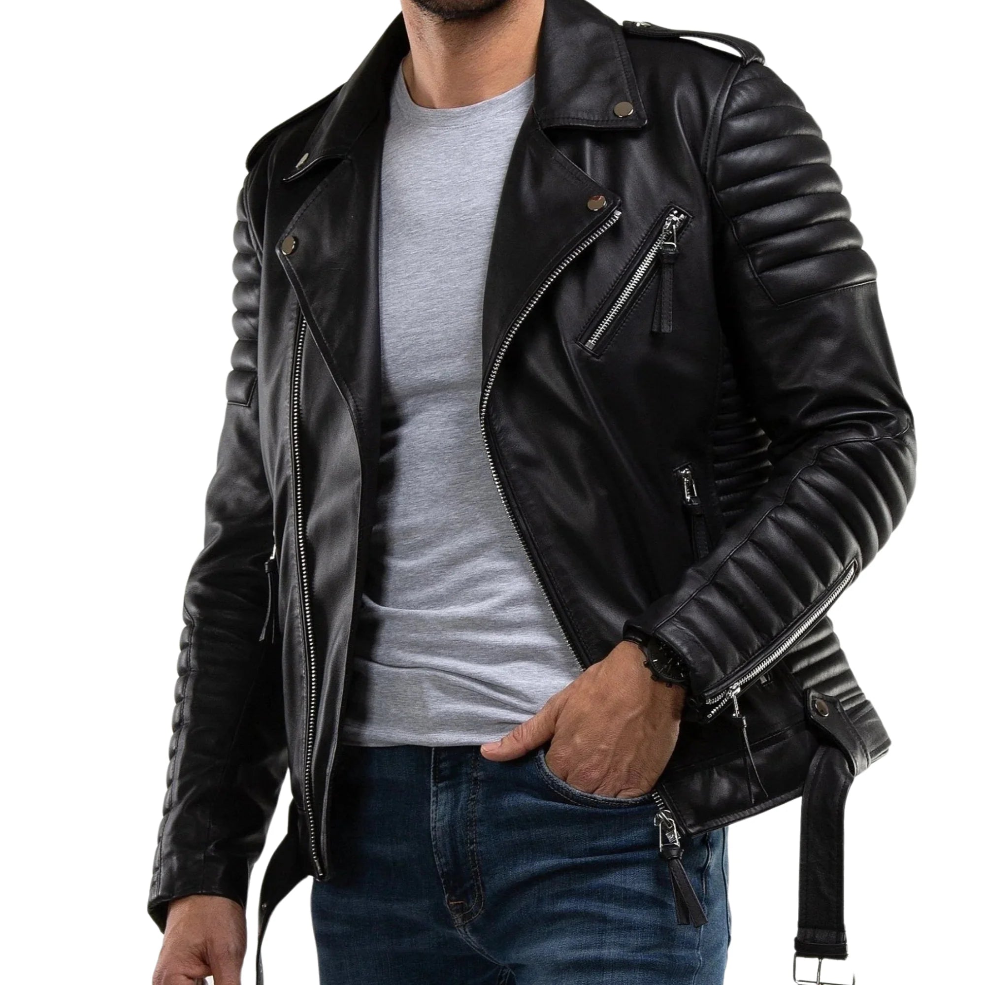 Men's Asymmetrical Black Leather Biker Jacket