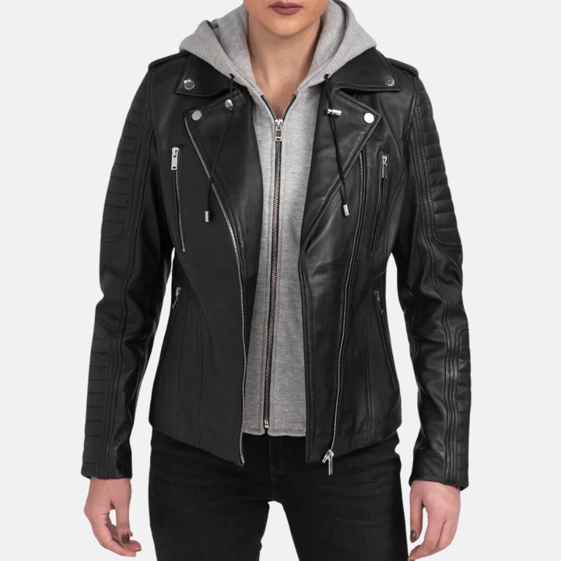 Black Motorcycle Leather Jacket With Removable Hood