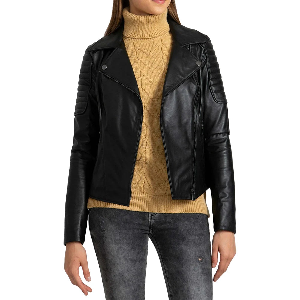 Black Quilted Leather Biker Jacket Women