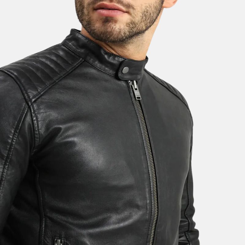 Black Quilted Moto Racer Leather Jacket For Mens