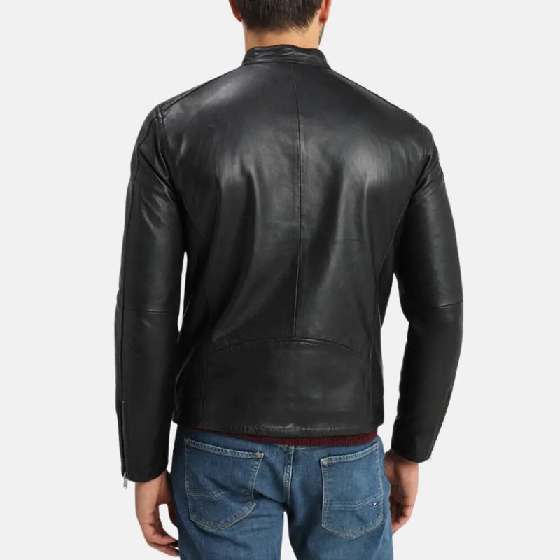 Black Quilted Moto Racer Leather Jacket For Mens