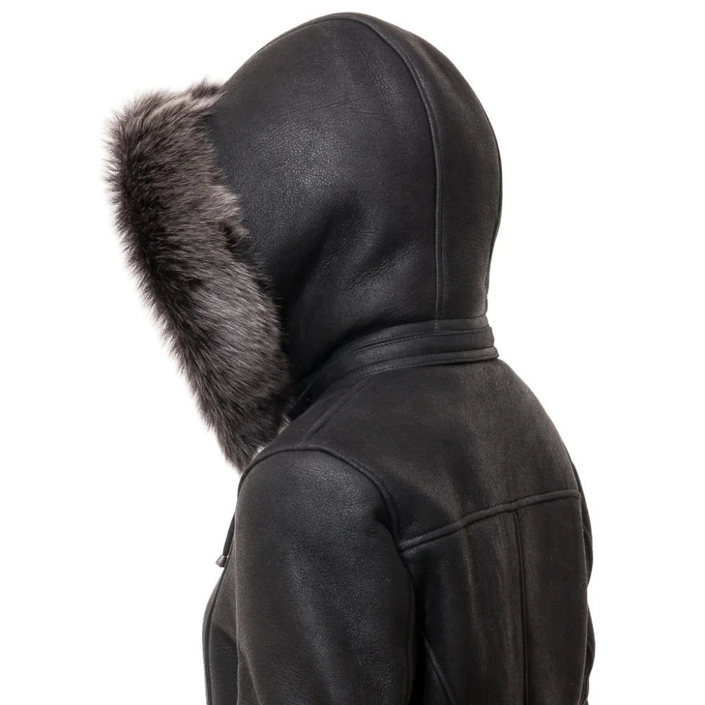 Women's Black Sheepskin Duffle Coat With Detachable Hood