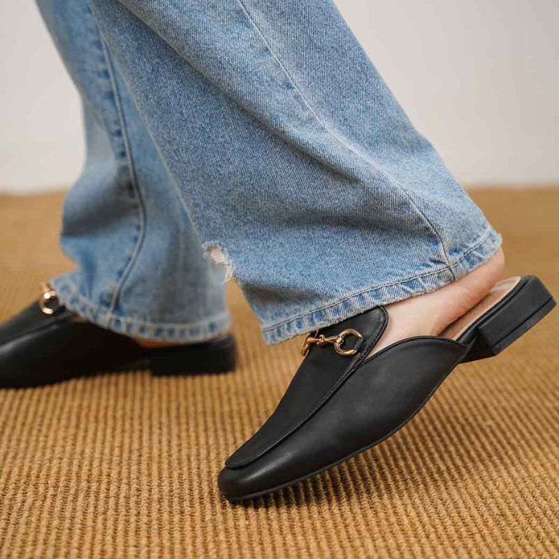 Black Leather Womens Slip On Loafers With Buckle