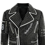 Men's Brando Black and Blue Studded Leather Biker Jacket