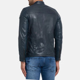 Navy Blue Cafe Racer Motorcycle Leather Jacket For Mens