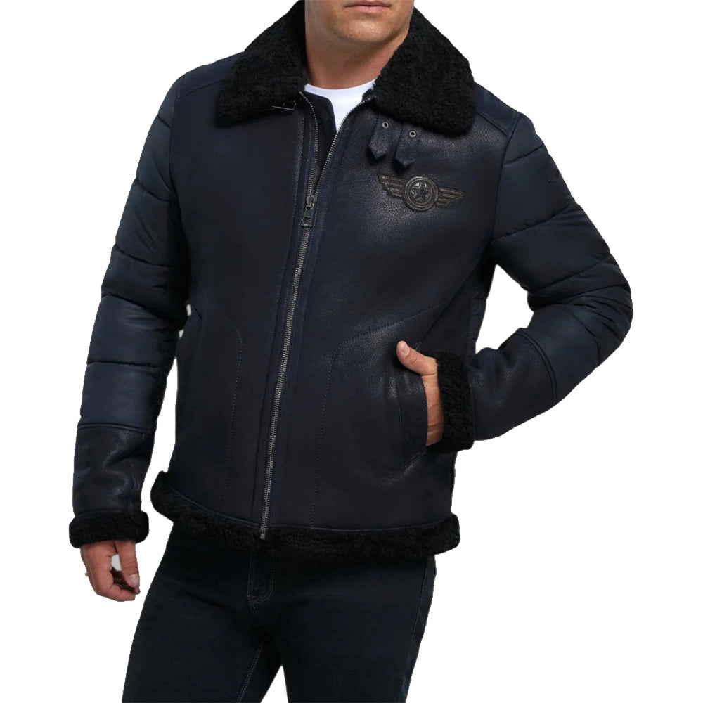 Men's Blue B3 RAF Aviator Sheepskin Shearling Leather Jacket