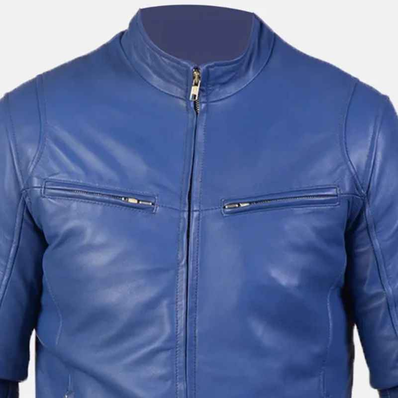 Blue Leather Biker Jacket Mens