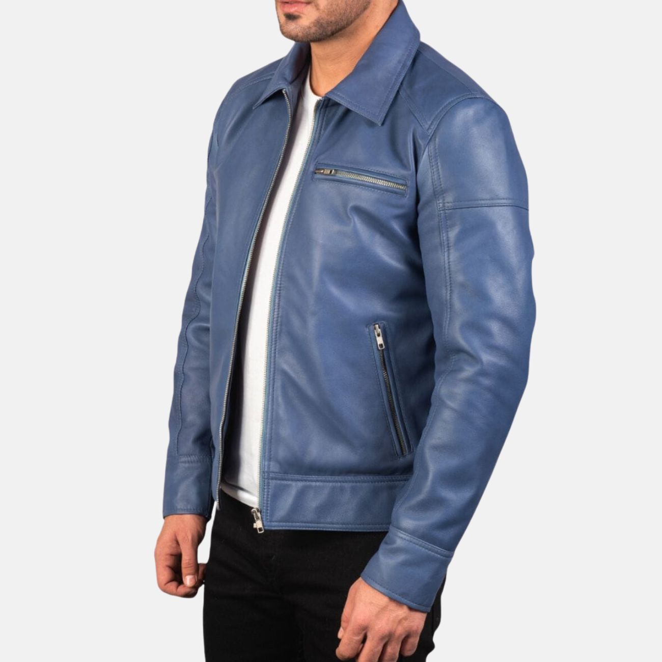 Blue Shirt Collar Leather Jacket For Mens