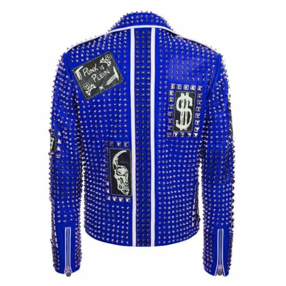 Men's Brando Black and Blue Studded Leather Biker Jacket