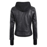 Black Leather Bomber Jacket Women with Removable Hood