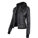 Black Leather Bomber Jacket Women with Removable Hood