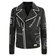 Men's Brando Black and Blue Studded Leather Biker Jacket