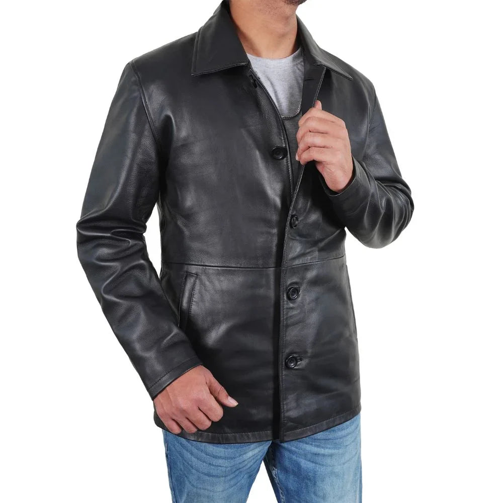 Black Leather Length Mens Car Coat