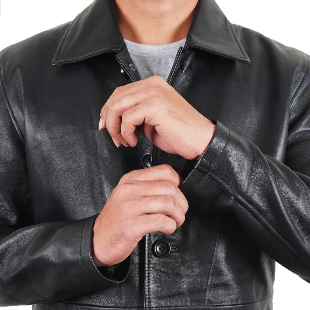 Black Leather 3/4 Length Car Coat