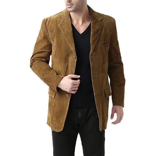 Slim Fit Notch Lapel Camel Brown Suede Leather Blazer Mens