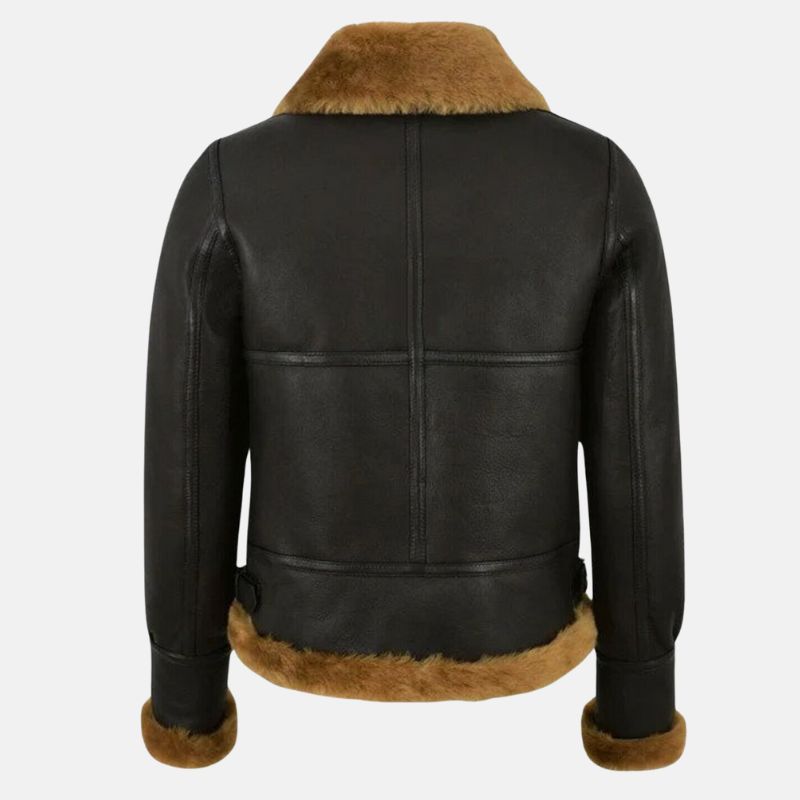 Womens Aviator B3 Black Fur Shearling Bomber Sheepskin Leather Jacket