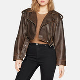 Brown Biker Cropped Leather Jacket Womens