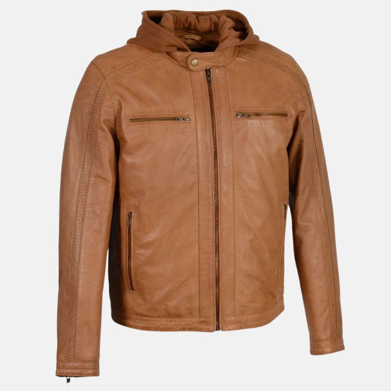 Brown Biker Mens Leather Jacket With Hood