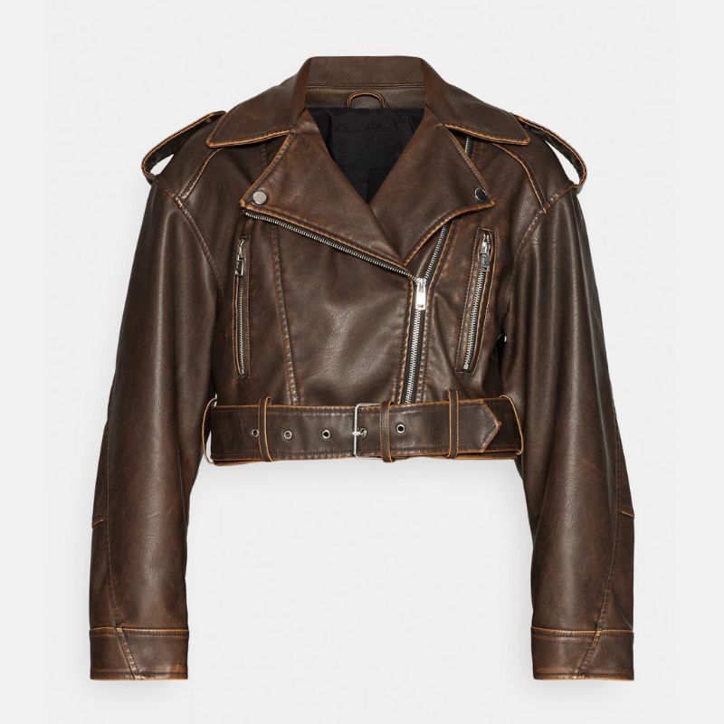 Brown Cropped Leather Jacket Womens