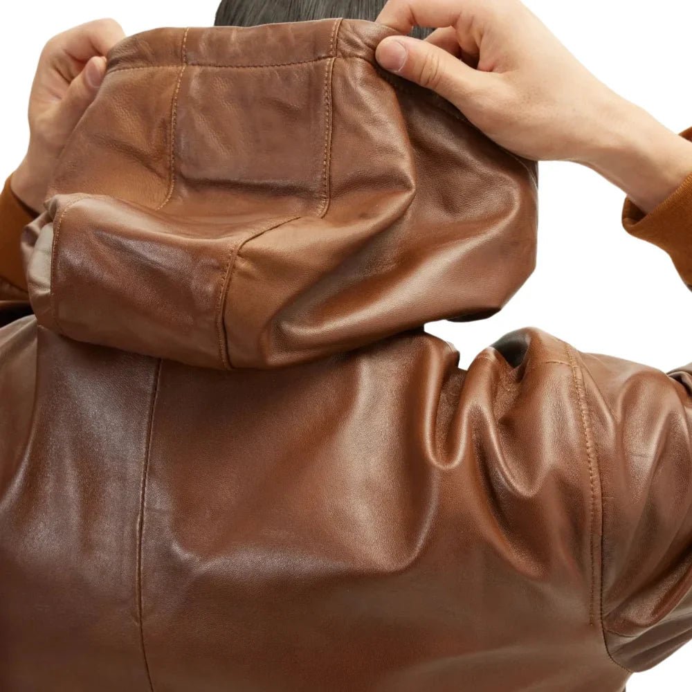 Mens Brown Leather Bomber Jacket with Hood