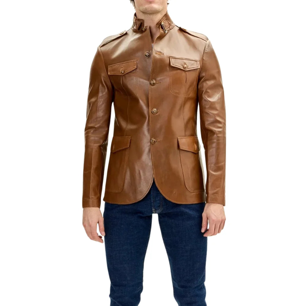 Mens Brown Real Lambskin Safari Leather Jacket