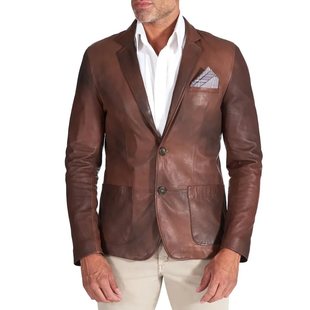 Men's Lambskin Two Button Brown Real Leather Blazer