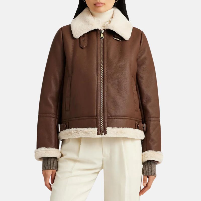 Brown Leather Shearling Jacket Womens