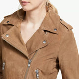 Women Brown Asymmetrical Collar Suede Moto Jacket