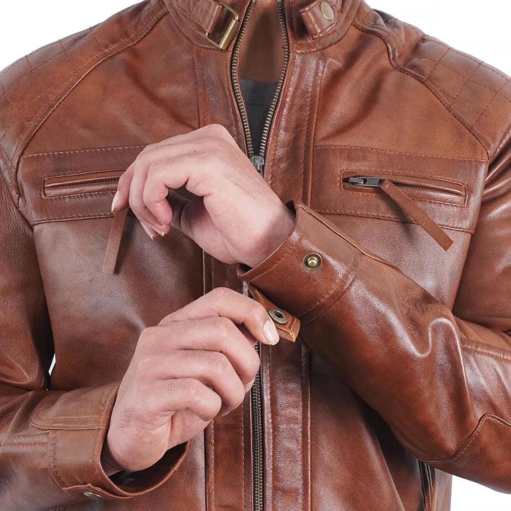 Men's Quilted Shoulders Café Racer Cognac Leather Jacket